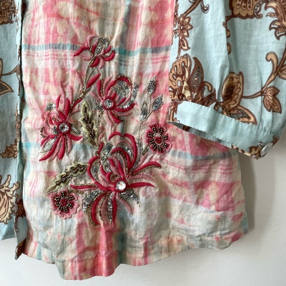 Soft Surroundings Mixed Print Long Sleeve Button Up Tunic Top Embroidered Size M - Picture 3 of 7